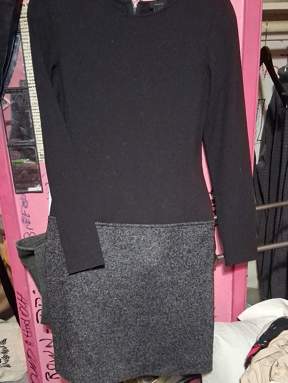 Theory Two-Tone Long Sleeve Knit Dress in Black and Charcoal